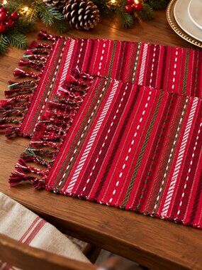 St. Nicholas Square Christmas Woven Fringe Placemats Red Green Set of 2